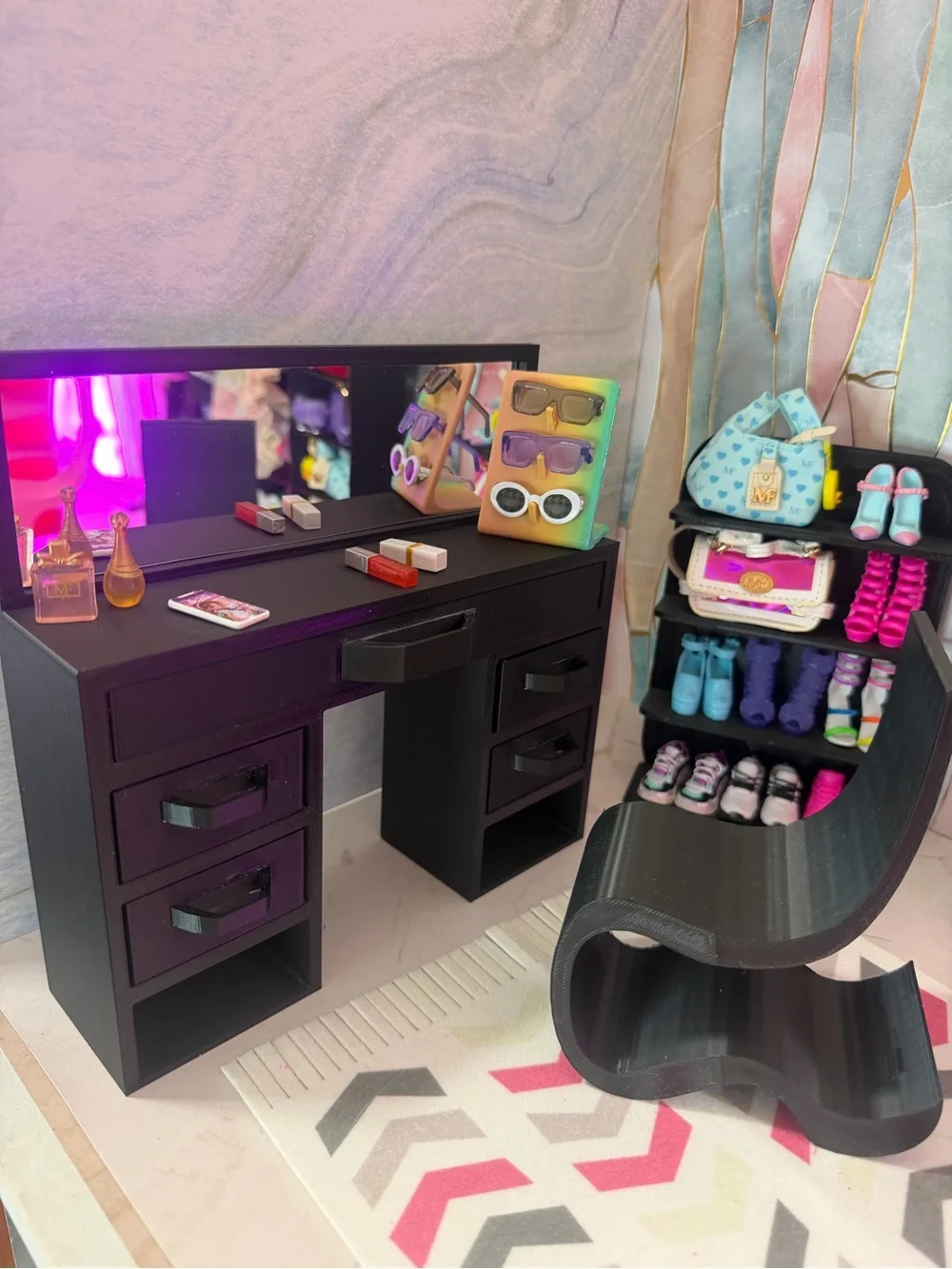 Barbie Black Makeup Vanity Desk with Mirror and Hot Pink Curved Chair